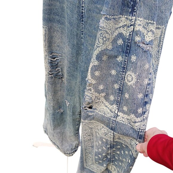 Easel, Oversized Overalls, Print Blue Denim, Distressed, Medium, Grunge, Cottage - Picture 6 of 16
